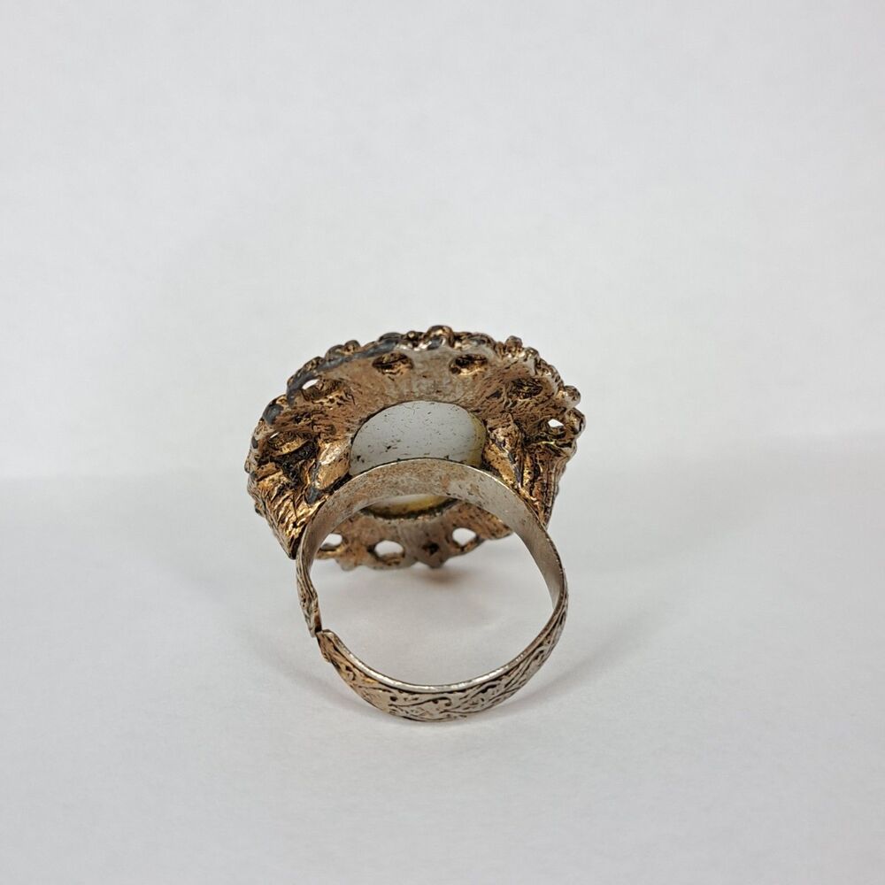 Vintage Oriental Ring Asian Culture Jewelry Ceramic Adjustable Brushed Gold Tone - Picture 5 of 7